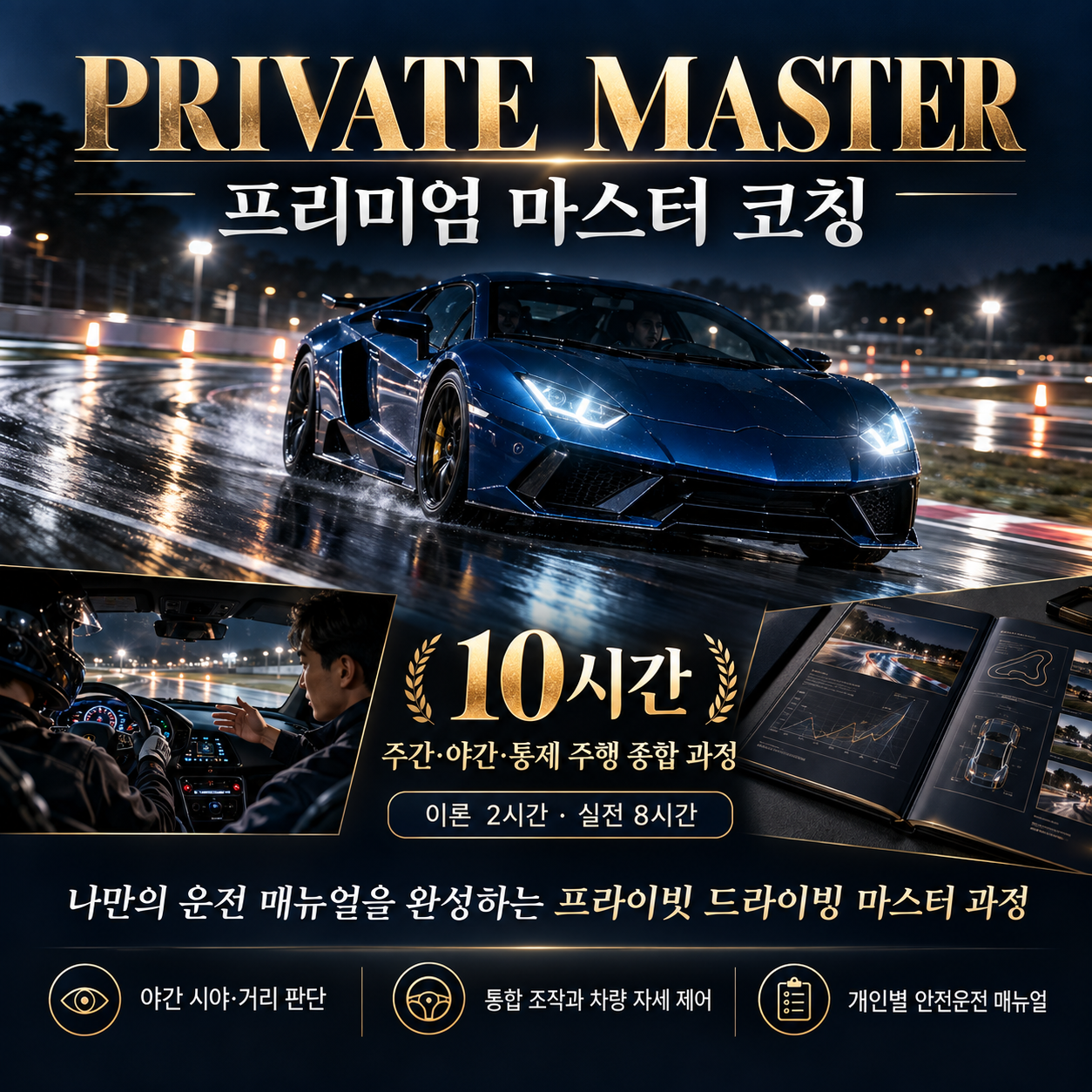 프리미엄 마스터 코칭 10시간. 이론 2시간·실전 8시간, 주간·야간·통제 주행과 개인별 안전운전 매뉴얼.