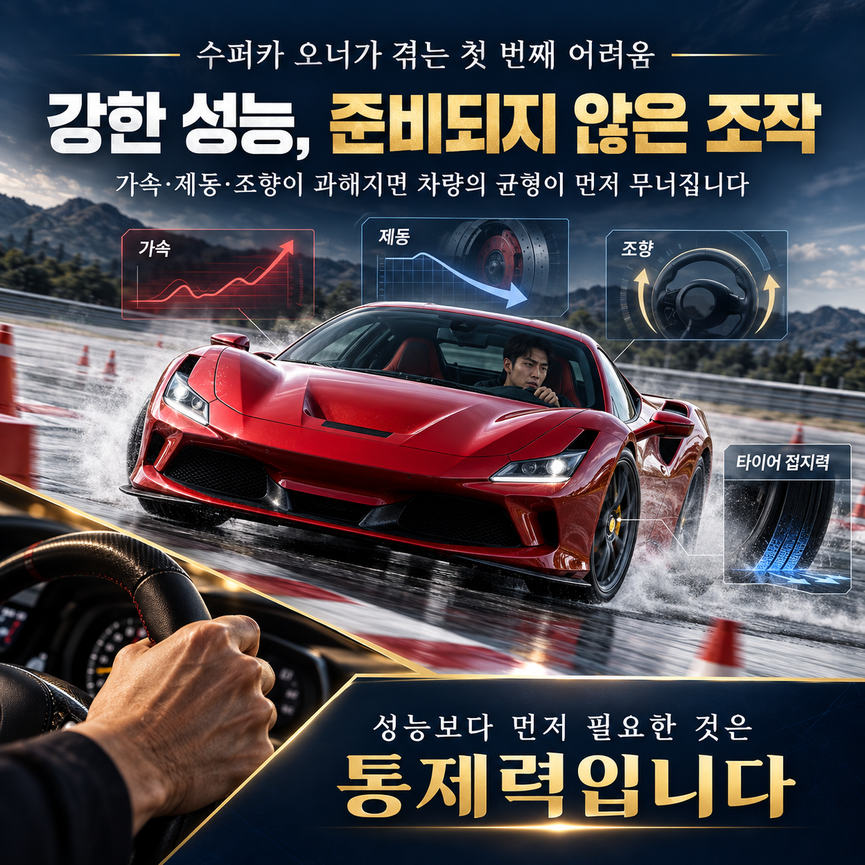 강한 성능, 준비되지 않은 조작. 가속·제동·조향과 타이어 접지력을 이해하고 차량 통제력을 익히는 코칭 안내.
