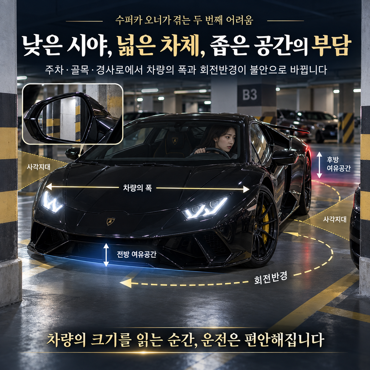 낮은 시야, 넓은 차체, 좁은 공간의 부담. 차량 폭과 사각지대, 전후방 여유 공간과 회전반경을 이해하는 안내.